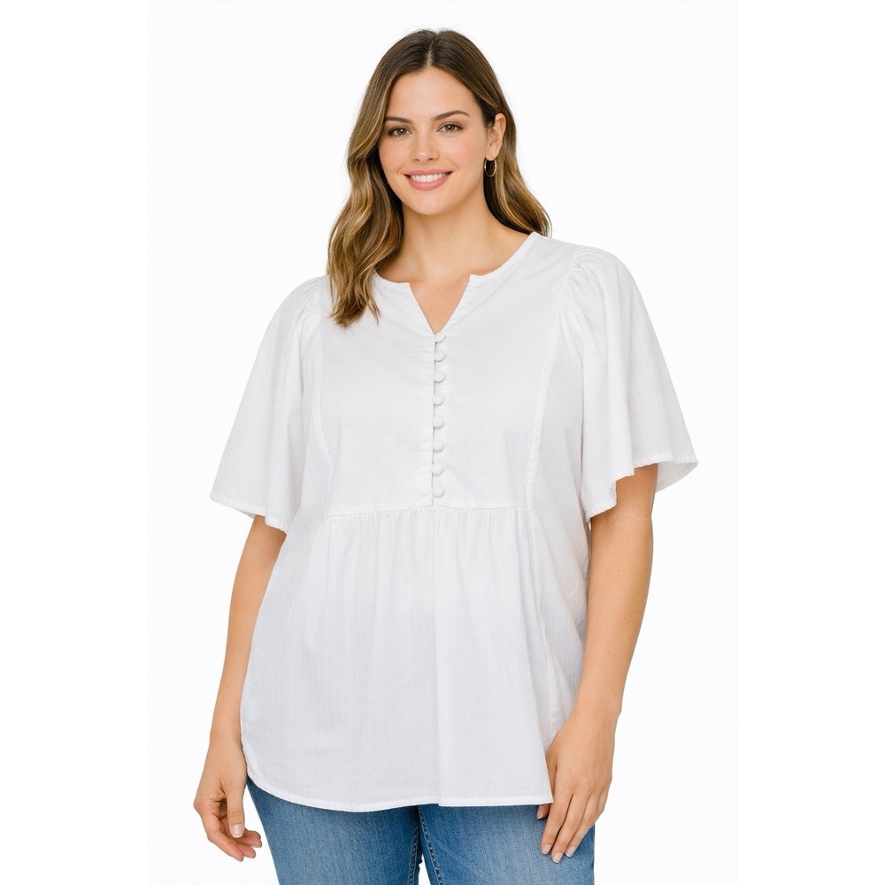 Terra & Sky Women's White Cotton Blouse 1X Button Front Peasant Boho Cottagecore